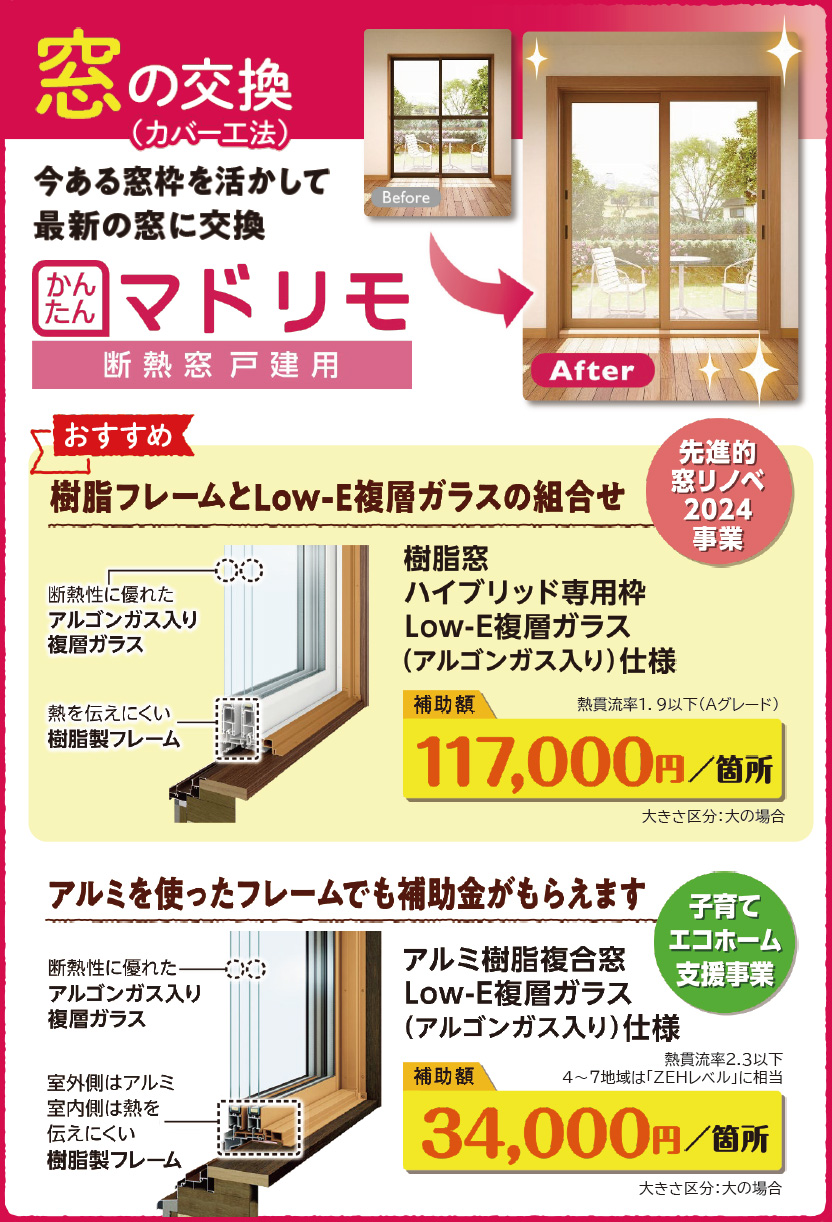 窓の交換で断熱リフォーム。樹脂フレームで1箇所117,000円、アルミフレームで1箇所34,000円の補助金対象。