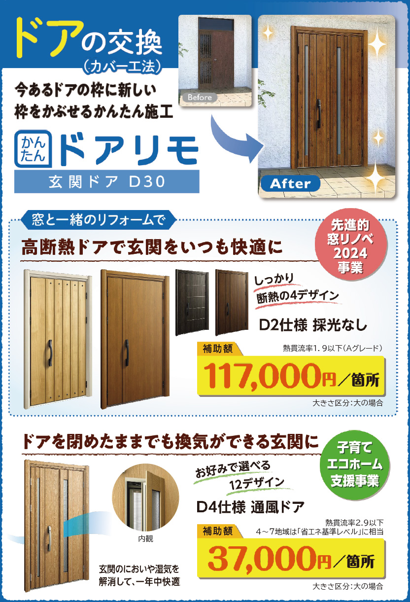 ドアの交換で断熱リフォーム。高断熱玄関ドアで1箇所117,000円、通風機能付き玄関ドアで37,000円の補助金対象。
